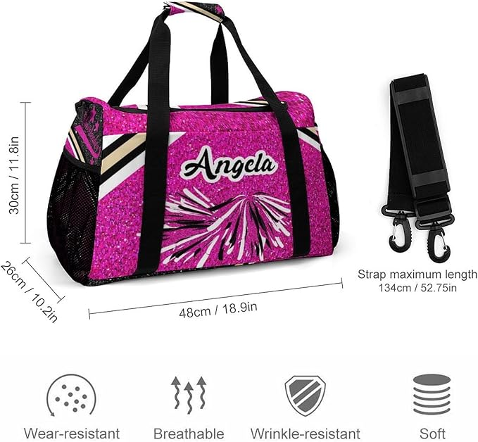 Personalized Cheer Fuchsia Pink Glitter Print Duffle Bags (Can Store Shoes) with Name for Women Man Custom Detachable Shoulder Strap Packs