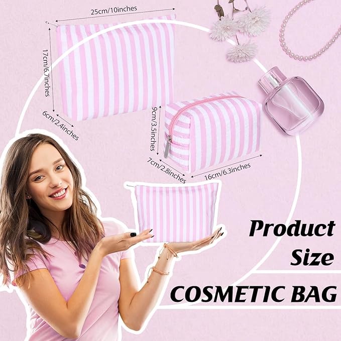 2 Pcs Makeup Bag Set Cute Cosmetic Pouch for Women Seersucker Travel Toiletry Bag Preppy Small Makeup Purse Pouch Aesthetic Skincare Brushes Storage Organizer for Valentine Women(Pink Wide)