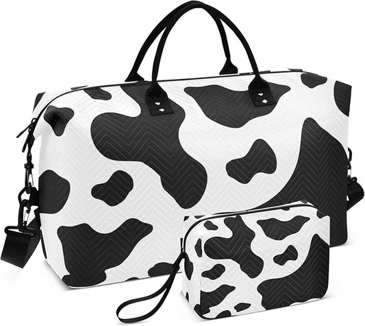 Travel Duffle Bag, Cow Skin Print Gym Bag with Storage Bag Weekender Overnight Bag for Men Women Trip Sports Yoga