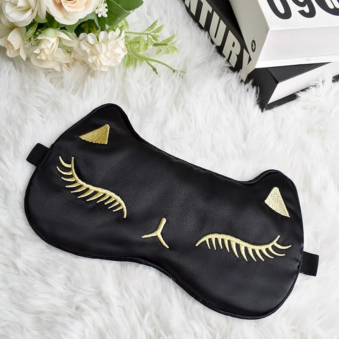 Cute Cat Silk Sleep Mask Adjustable Eye Mask Sleeping Mask Eye Cover Soft Satin Blindfold Eye Shade for Girls Women Men Travel Nap - Black