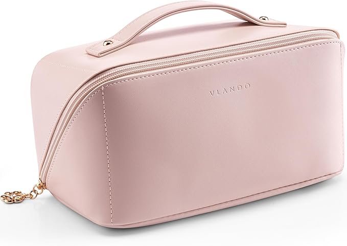 VLANDO Makeup Bag,Travel Toiletry Bag,Cosmetic Bag for Women PU Leather Portable Make up Bag for Skincare, Brushes & Travel Essentials-Pink