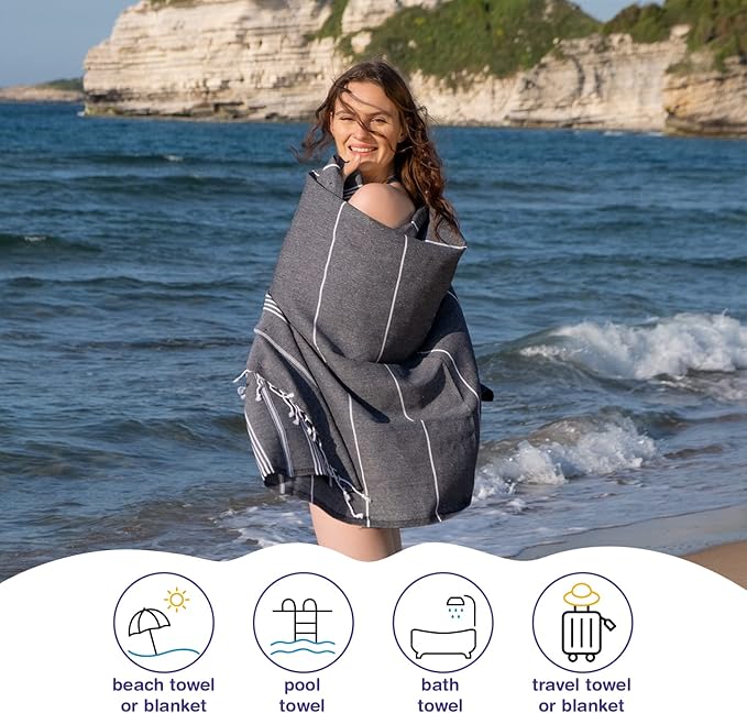Turkish Beach Towels, Pack of 6 | Oversized, Quick Dry, Sand Free | 100% Cotton, Large 38x71 Towels for Beach, Pool, Travel | Ultra-Soft, Compact, and Absorbent | Black