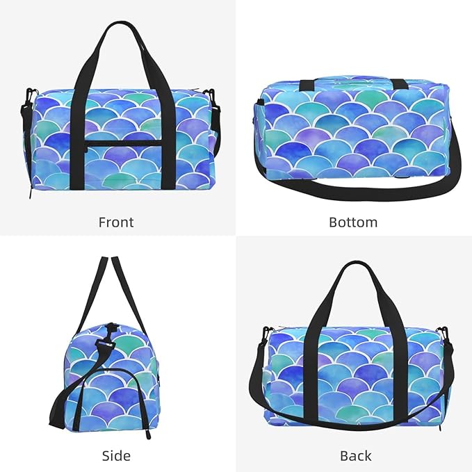 Sports Gym Bag Mermaid Scales Blue Purple Travel Duffel Bag With Shoe Compartment Shoulder Strap, Lightweight Water-Resistant Weekend Overnight Totes For Women Men