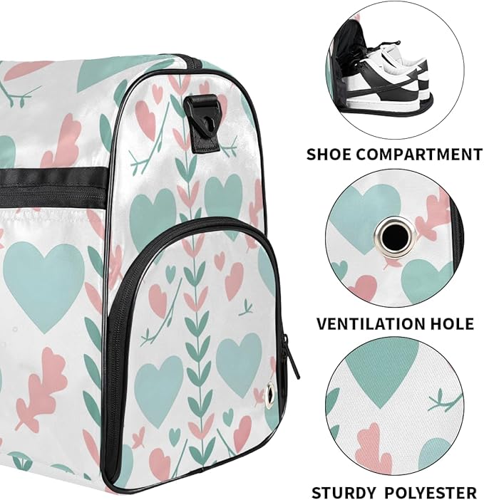 Gym Bag with Shoes Compartment, Duffle Bag for Travel, Sports, Fitness,Workout,Heart-shaped Pattern Printed