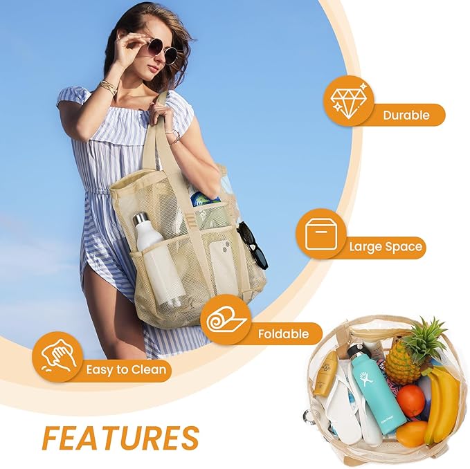 Tavaleu Mesh Beach Bag - Large Beach Tote with Multi Functional Pockets for Family Travel/Vacation