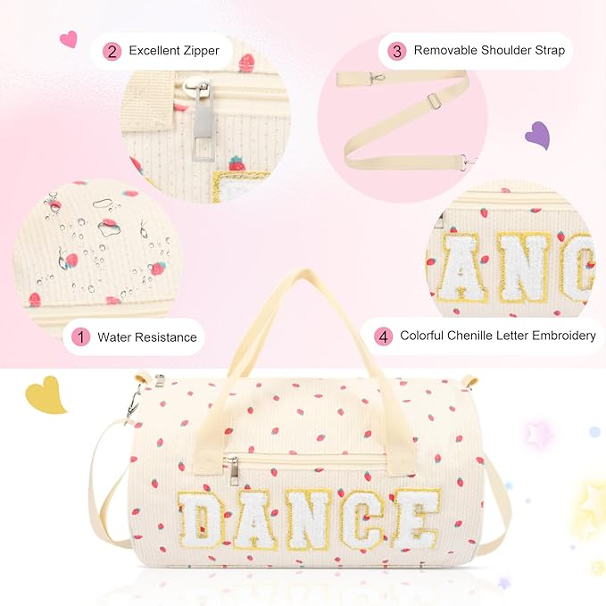 Dance Bag for Girls, KUIRAN 23L Waterproof Travel Duffel Bag with Colorful Chenille Letter, Lightweight Small Gym Sport Ballet Weekender Bag with Large Main Compartment - White/Gold