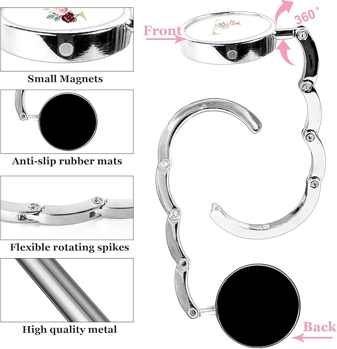 XSUIOY 3Pcs Personalized Initial Foldable Purse Hook for Table,Crushed Flower Letters Folding Purse Hanger,Purse Holder Handbag Hanger Collection Desk Table Bag Hooks Gifts for Women Bag(Pink-T)