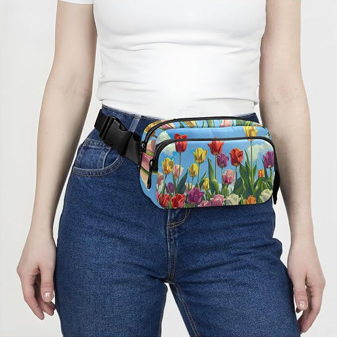 Vibrant Tulips Blossom Fanny Pack for Women Men Water Resistant Fashion Waist Packs with Adjustable Strap Belt Bag for Travel Workout Jogging Hiking 21220465