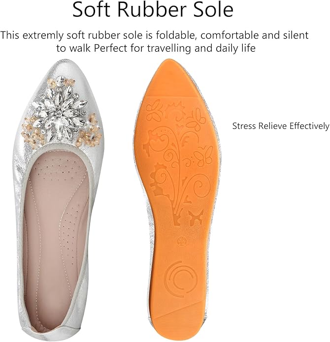 KUNWFNIX Women Ballet Flats Rhinestone Wedding Ballerina Shoes Foldable Sparkly Comfort Slip on Flat Shoes