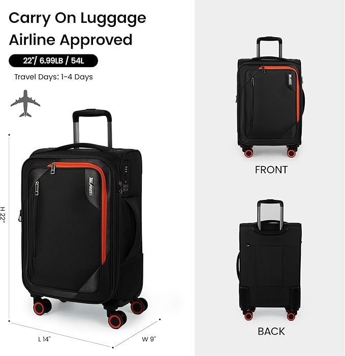 22 inch Carry on Luggage,Softside Suitcase w/TSA LOCK,Expandable 20% Luggage w/Spinner Wheels, Tear-Resistant,Lightweight Rolling Suitcases for Men/Women（Black,22in）