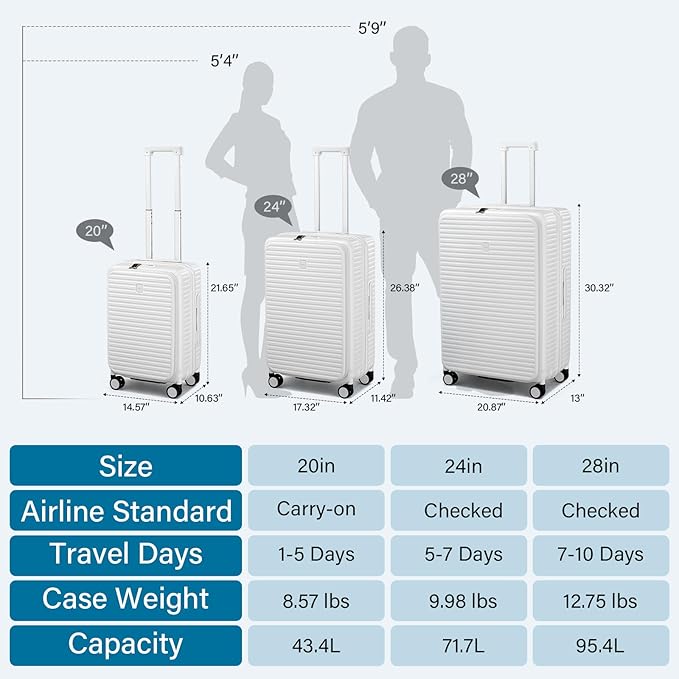 Hard Shell Suitcases 28 Inch Large Checked Luggage with Spinner Wheels Cup Holder, Expandable Check in Luggage Lightweight Top Opening Luggage Big Rolling Suitcase with Lock, White