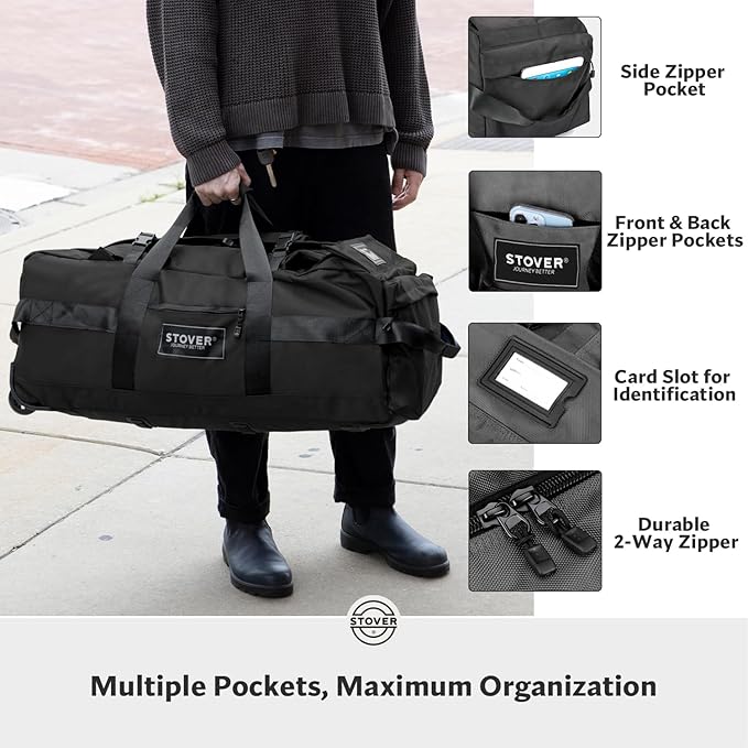 STOVER 100L Rolling Duffel Bag with Wheels, X-Large Durable Travel Duffle + Toiletry Bag, Heavy Duty, Packable with Shoulder Straps- Use as Luggage or Backpack, Men/Women (Black)