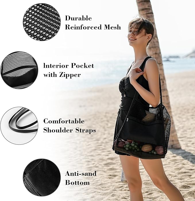 Tavaleu Mesh Beach Bag, Beach Bags for Women, Woven Straw Beach Tote Bag Waterproof with Inner Pocket, Packable Beach Bag
