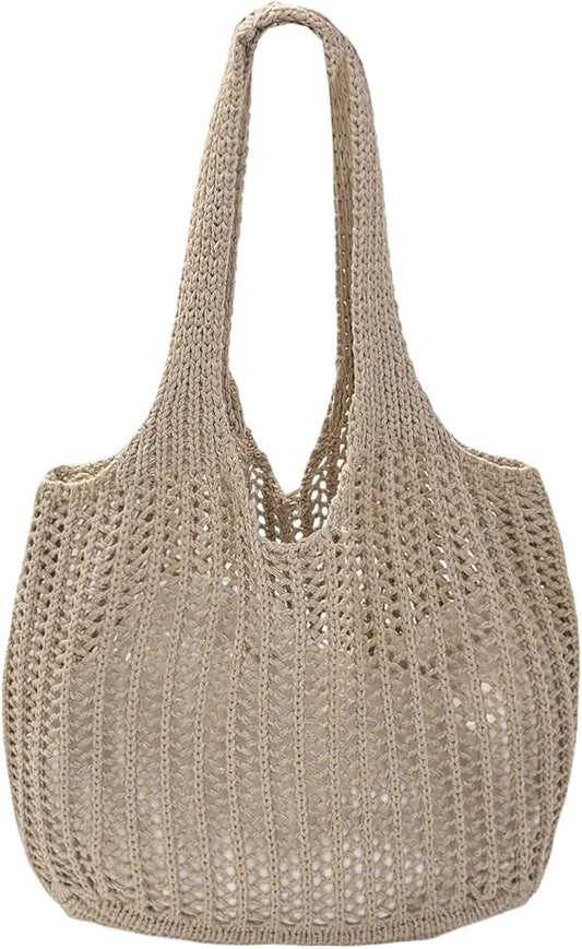 ENBEI Women Foldable Beach Tote, Washable Lightweight Beach Bag, Eco-Friendly Knit Shoulder Purse for Travel/Shopping/Gifts