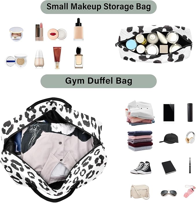 Travel Duffle Bag, Leopard Print Cheetah Black White Gym Bag with Storage Bag Weekender Overnight Bag for Men Women Trip Sports Yoga