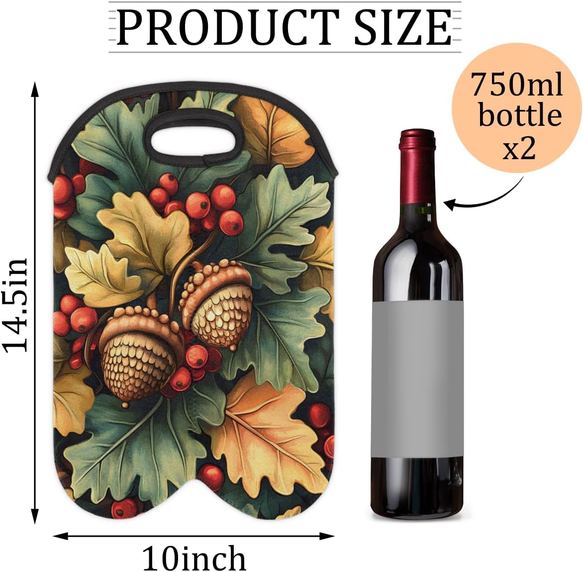 Neoprene Wine Tote, Bottle Carrier Gag Insulating Neoprene Thicker, Insulated Wine Bag for Travel Holds Two Bottles, Bottle Carrier Bags Protect the Bottles, Pinecones