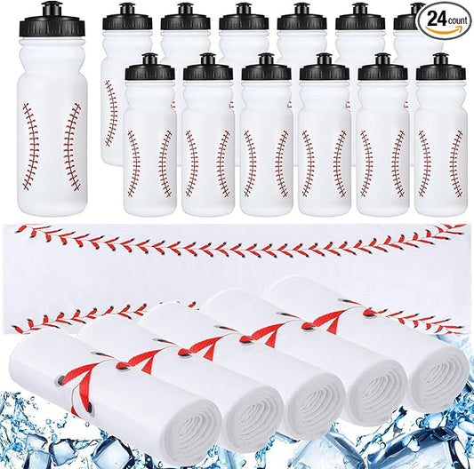 24 Pcs Sport Party Favors Include 12 Pcs 20 oz Plastic Soccer Football Basketball Water Bottles Bulk 12 Pcs 40"x12" Softball Baseball Cooling Towels for Soccer Sport Team Gift