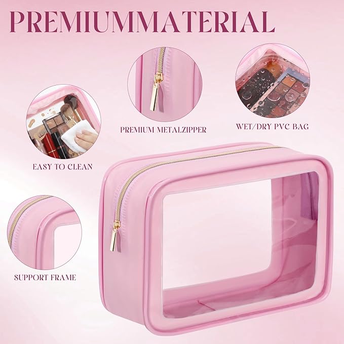 Hsei 6 Pcs Clear Makeup Bags with Color Edged TSA Approved Travel Toiletry Bags with Zipper Clear Cosmetic Bag Diaper Bag for Car Storage Organizer Wedding Essentials for Women Gift(Pink)