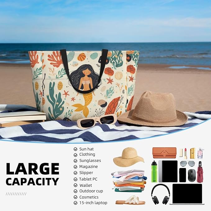 Large Beach Bag for Women Waterproof Foldable Travel Shoulder Tote Bag with Pocket for Weekender Pool Vacation