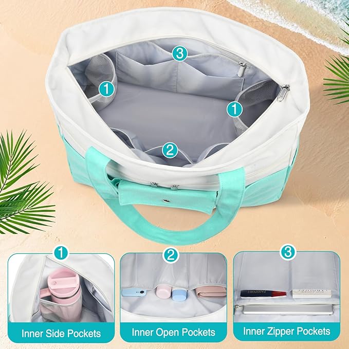 Beach Bags for Women Large Canvas Beach Tote with Zipper Wet Pocket, Waterproof Foldable Swim Pool Travel Tote Bags