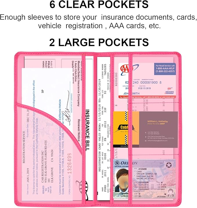Cacturism Car Registration and Insurance Holder, Car Accessories Vehicle Glove Box Car Organizer Women Car Accessories with Magnetic Shut for Cards, Essential Document, Driver License, Hot Pink