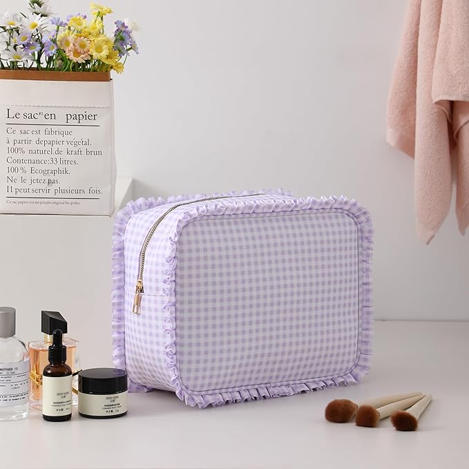 Gingham Ruffle Makeup Bag,Large Travel Cute Cosmetic Bag for Women Girls,Toiletry Bag Make up Organizer 10.8 x 4.5 x 8 inch (Purple Gingham)