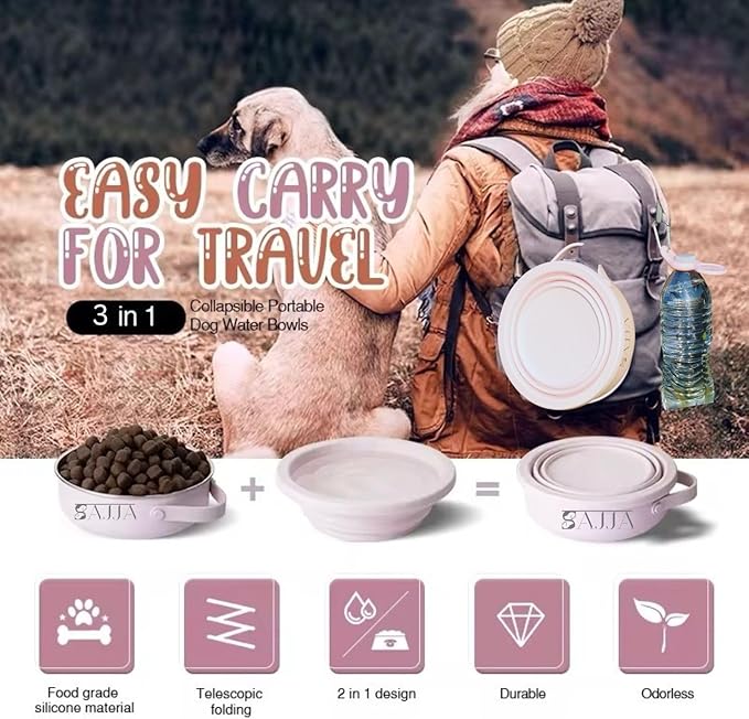 3-in-1 Travel Dog Bowl Set – 30 OZ Stainless Steel + 20 OZ Collapsible Water Bowl Lid | BPA-Free, Anti-Slip, Portable Dog Bowl w/Handle/Water Bottle Holder with Carabiner | Black Bowls