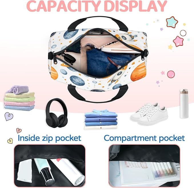 Planet Rocket Astronaut Travel Duffle Bag for Women Men, Overnight Weekender Bag, Carry on Tote for Sport Gym