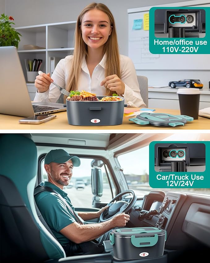 Electric Lunch Box for Men, Women & Adults - 80W Fast Heating - Heated Lunch Box with Dual 1.5L SS Containers - Portable Food Warmer for Car, Truck, Office