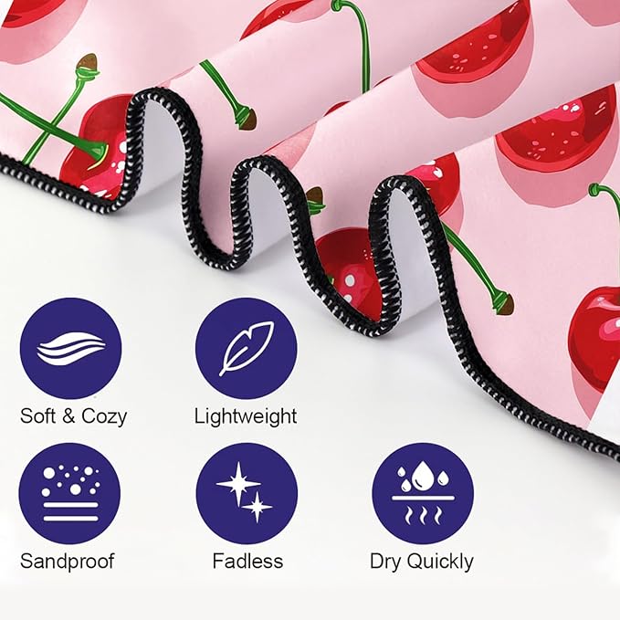 Cherry Pattern Beach Towel Extra Large 36" x 72", Thin Lightweight Microfiber Towels with Fruit Design, Sand Free and Quick Dry, Compact Bag