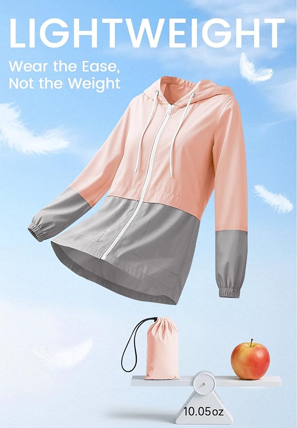 Zando Lightweight Rain Jacket Women Waterproof - Raincoat for Women Packable Rain coat Hooded Windbreaker for Travel Outdoor