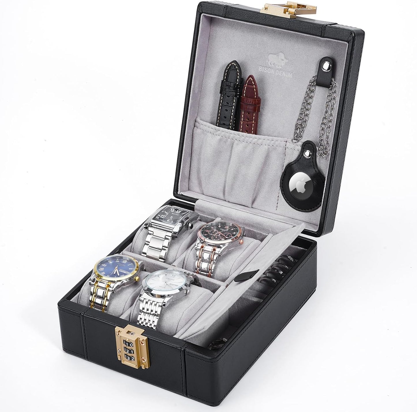 BISON DENIM Watch Box, 4 Watch Travel Case with Combination Lock - PU Leather Men's Watch Storage Box & Jewelry Organizer with Ring Slots & Necklace Hooks, Secure Travel Case, Black