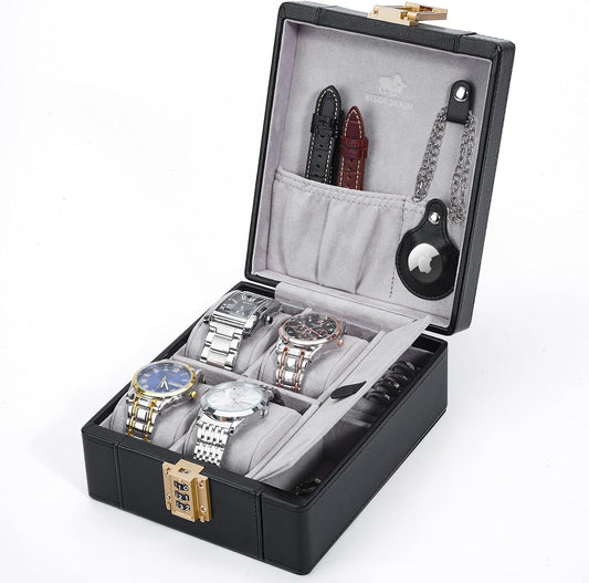 BISON DENIM Watch Box, 4 Watch Travel Case with Combination Lock - PU Leather Men's Watch Storage Box & Jewelry Organizer with Ring Slots & Necklace Hooks, Secure Travel Case, Black