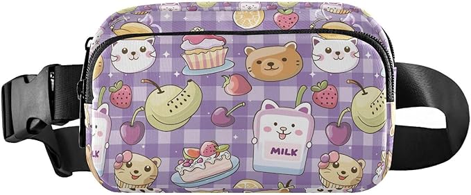 Kawaii Cat Bear Milk Cake Plaid Fanny Pack for Women Men Water Resistant Fashion Waist Packs with Adjustable Strap Belt Bag for Travel Workout Jogging Hiking 21219470