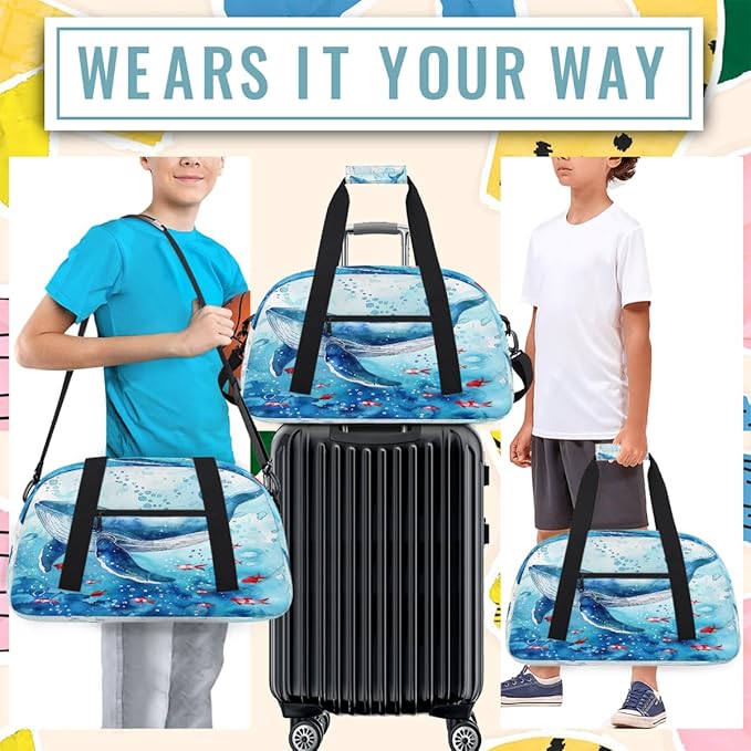 Travel Duffle Bag, Blue Whale Watercolor Waterproof Weekender Overnight Bags for Women Men Lightweight Carry on Duffle Gym Bag for Travel, Sports, Fitness, Workout