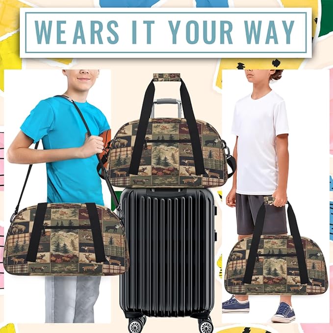 Kids Duffle Bag Girls Boys Rustic Hunting Animal Bear Deer Patchwork Weekender Overnight Bag,Lightweight Duffel Bags for Traveling Gym Sport Dance