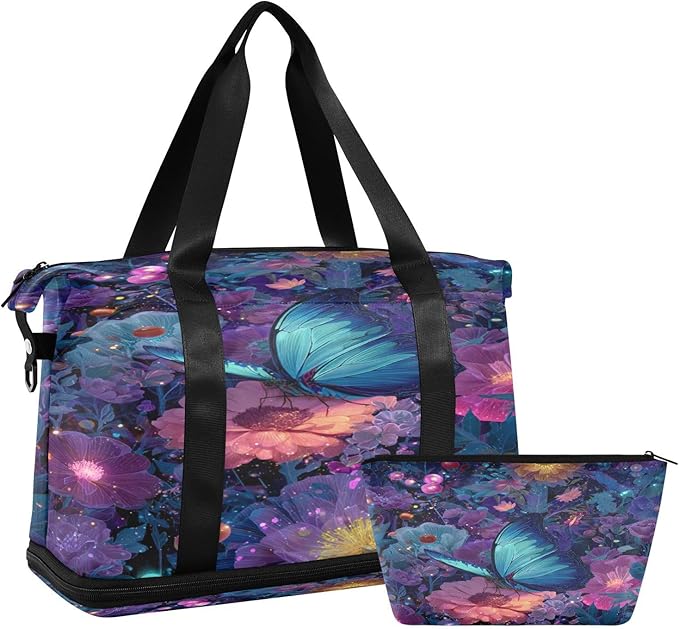 Travel Duffel Bags for Women Butterfly in Dark Florals Print Sports Duffel Bags Gym Bags with Shoes Compartment Tote Bag Weekender Bag for Travelling