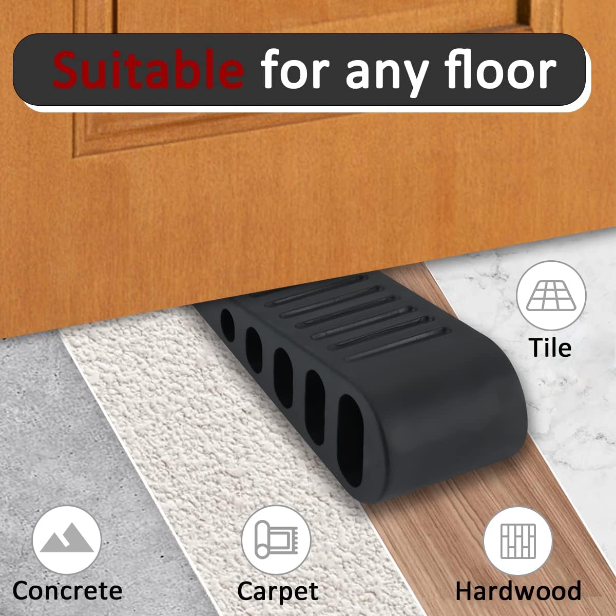 JQK Rubber Door Stopper Wedge, Black 6 Pack Soft TPR Premium Door Stops for Bottom of Heavy Duty Door on Tile, Concrete, Carpet, Wooden Floor, DSB61-BK-P6