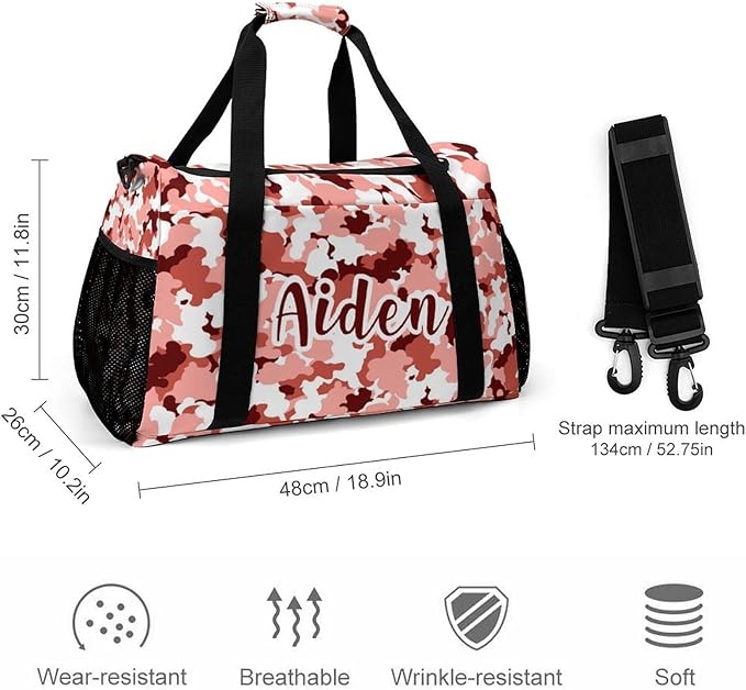 Personalized Sports Duffle Bags for Training, Red Camouflage Maroon Camo White Travel Bags with Adjustable Shoulder Strap, Custom Name Birthday Holiday Gift