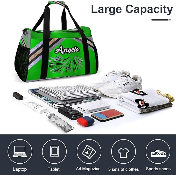 Cheerleader Green Grey Glitter Print Duffle Bag for Men Women, Personalized Custom Name Text Crossbody Bags, Travel Sport Gym Perform Training Gym Bag