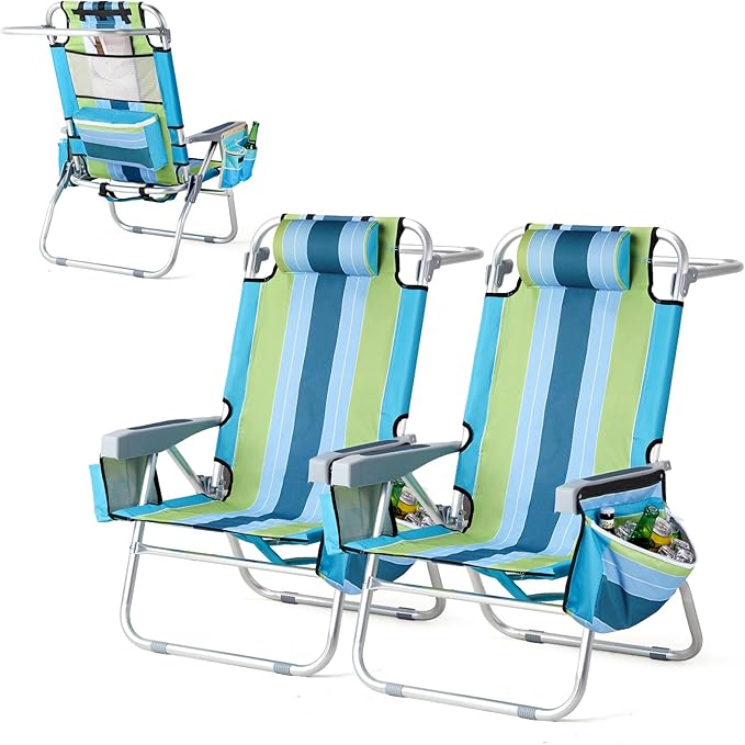VINGLI Backpack Beach Chair 2 Pack, with 5-Position, Cup Holders, Cooler Bag, Towel Bar, Lightweight Folding Beach Camping Chairs for Adults（Blue/Green-13