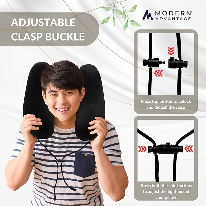 Modern Advantage Inflatable Travel Pillow for Airplanes with Comfort Hood, Adjustable Neck Support, Lightweight & Compact Flight Pillow for Sleeping on Long Flights & Travel (Black)