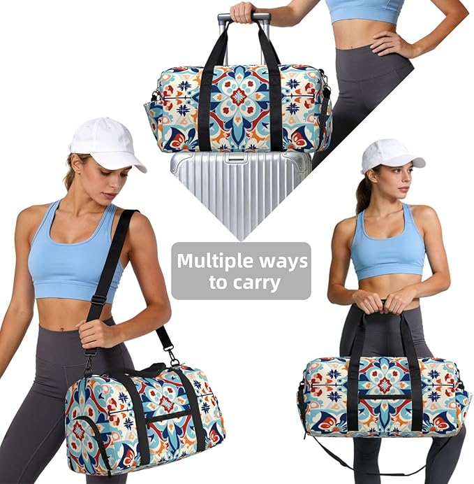 Sports Gym Bag Ethnic Ceramic Tile Mandala Patchwork Travel Duffel Bag With Shoe Compartment Shoulder Strap, Lightweight Water-Resistant Weekend Overnight Totes For Women Men