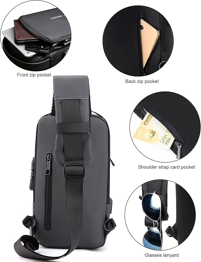 Sling Bag for Men Women, Anti-theft Crossbody Bags with USB Charging Port Waterproof Crossbody Sling Backpack Shoulder Bag for Hiking Cycling Running Travel