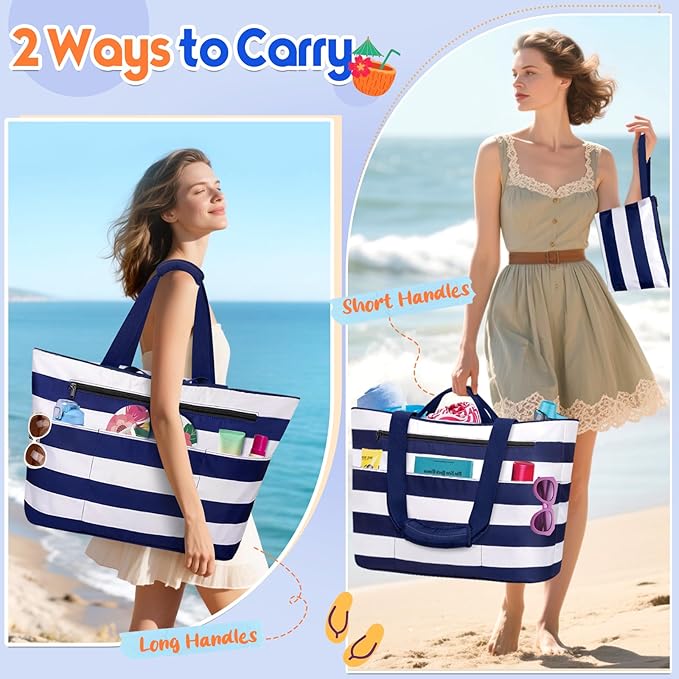 BKNOOU Extra Large Beach Bags Waterproof Sandproof XL Beach Tote Bag for Women Zipper Foldable Swim Pool Bag with Wet Pocket