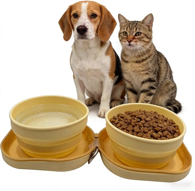 Portable Dog Bowl, Collapsible 2-in-1 Travel Dog Bowls with Carabiner Clip, Silicone Double Pet Food and Water Dish for Outdoor Camping and Hiking (Yellow)
