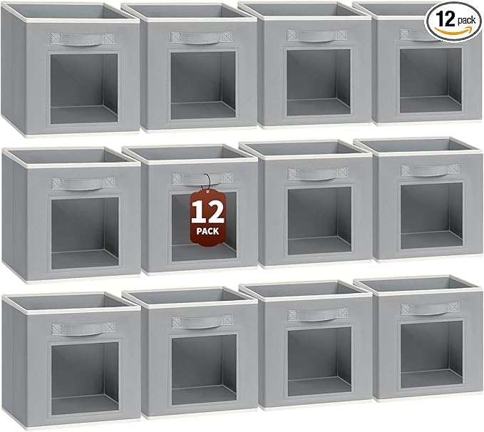 Foldable Storage Cubes - Cubby Storage Organizer with Window, Decorative Baskets for Organizing, Fabric Bins for Clothes Storage, Closet Storage Cubes 11inch, Set of 12, Grey