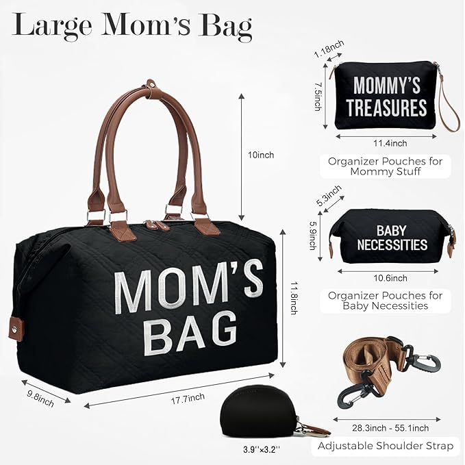 printe Mommy Diaper Bag Tote with 2 Organizers, Large Mom‘s Bag for Hospital & Travel Baby Diaper for Baby Care (Quilted Embroidery-Black)