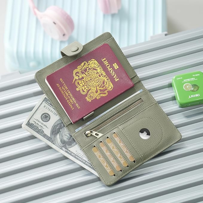 WASON Leather Passport Cover Wallet - Travel Passport Holder with RFID, Card Slots, Cash Pocket, Coin Purse, Tracker Slot, Boarding Pass and Ticket Organizer for Men and Women (Green)