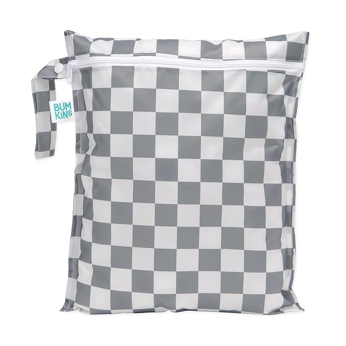 Bumkins Waterproof Wet Bag for Baby, Travel, Swim Suit, Cloth Diapers, Pump Parts, Pool, Beach, Gym Clothes, Toiletry, Hook to Stroller, Daycare, Zipper Reusable Wetdry Packing Pouch, Gray Check